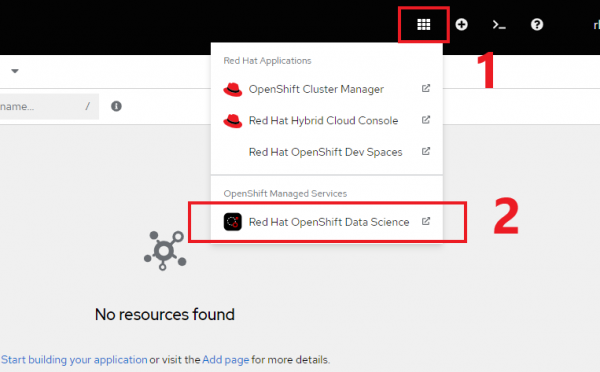 Select the Red Hat OpenShift Data Science option in the upper right corner of the screen and click on the link